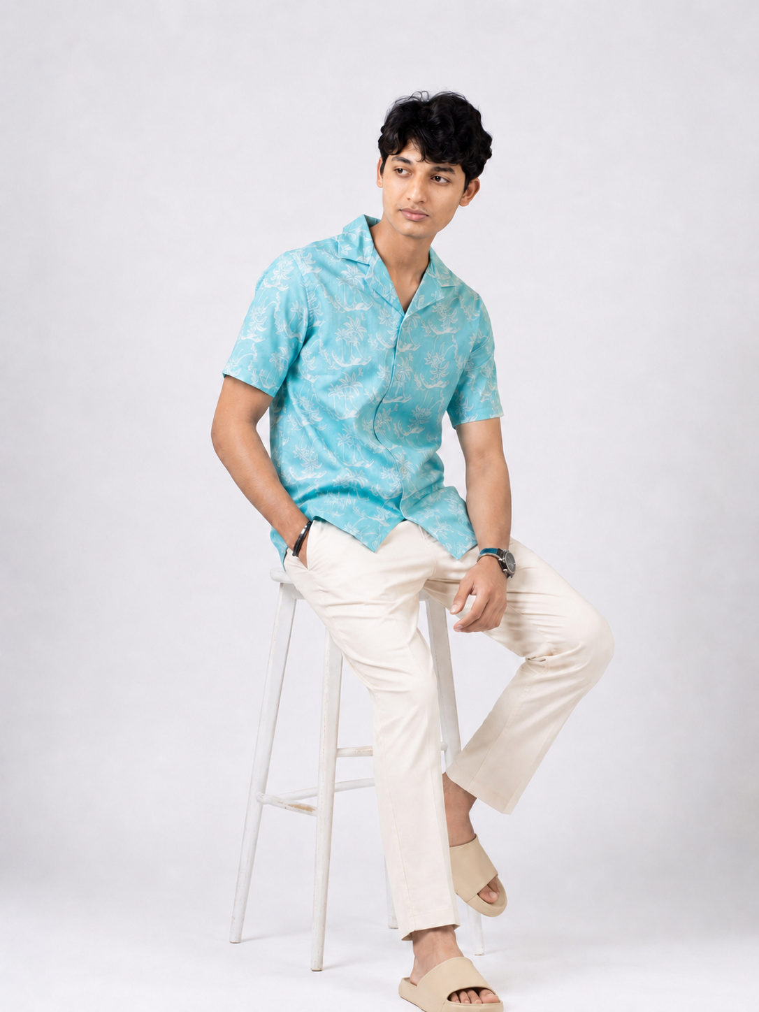 Cuban Collar Half Sleeve Shirt Palm Ocean