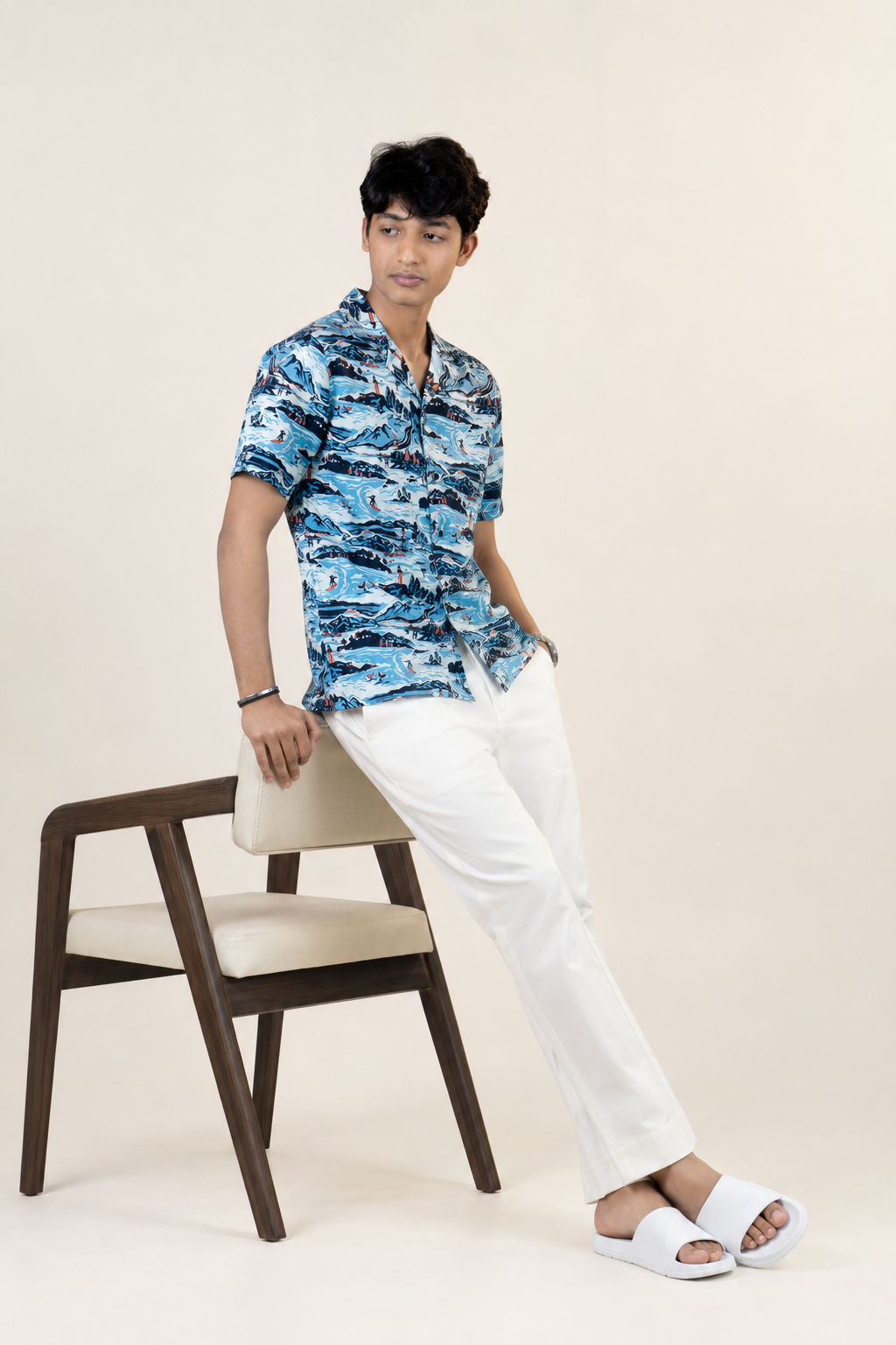 Cuban Collar Half Sleeve Shirt Arctic Blue