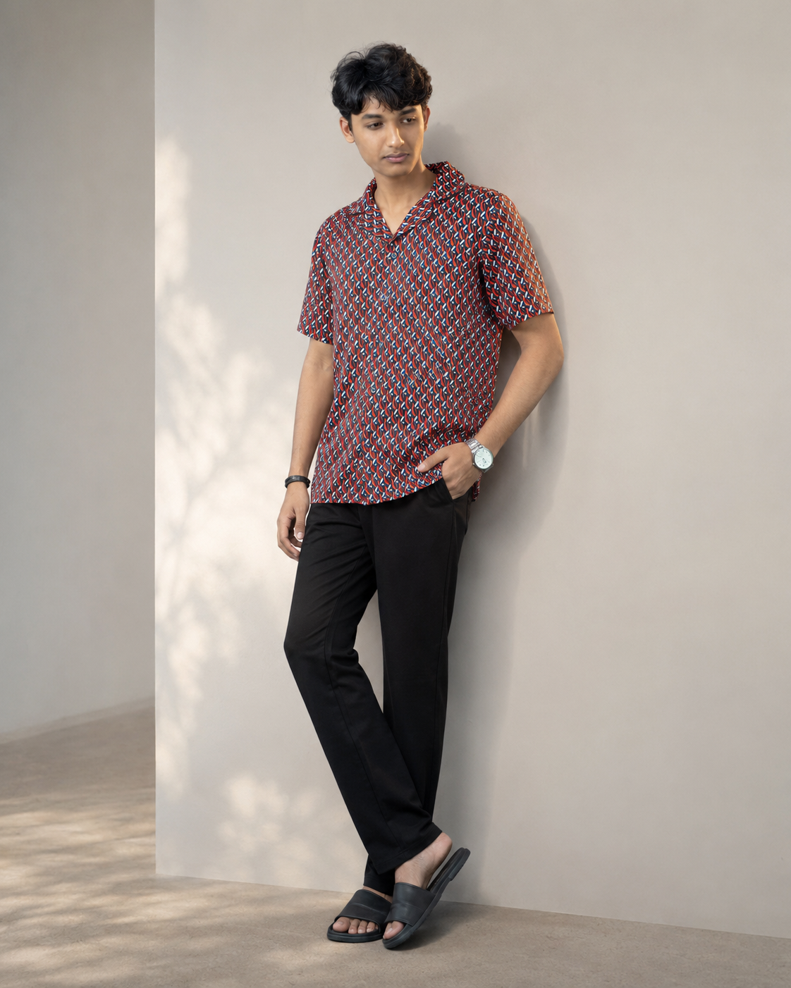 Cuban collar half sleeve shirt red
