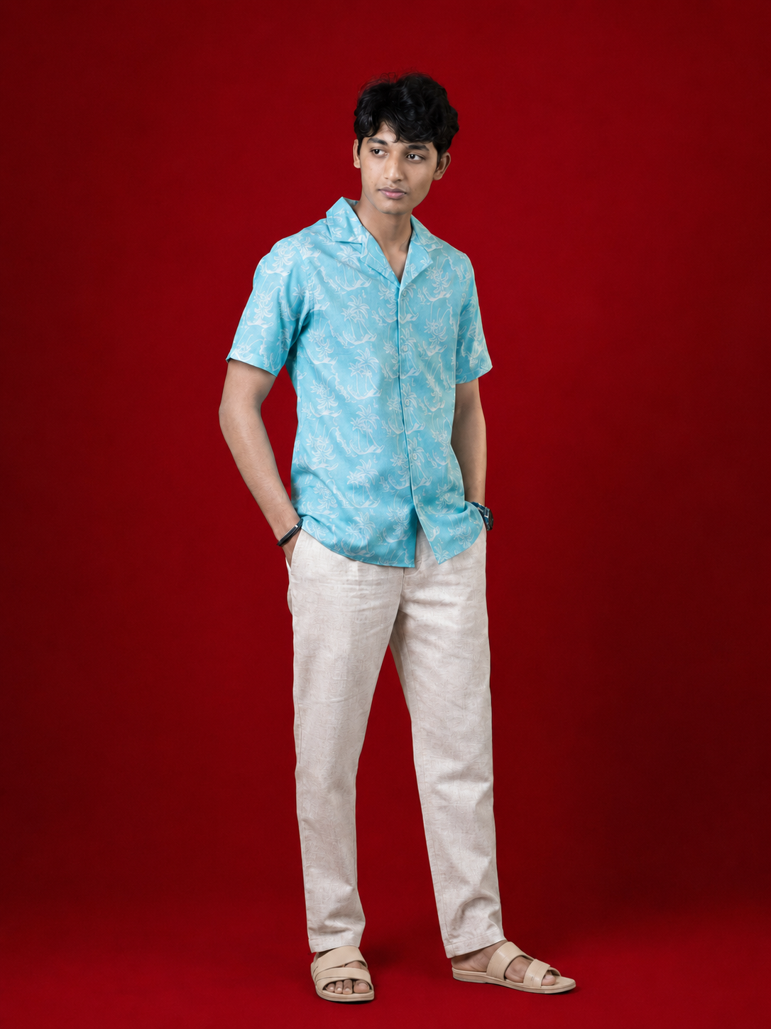 Cuban Collar Half Sleeve Shirt Palm Ocean - Image 4